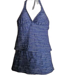 Nautica Women 10 Navy Gold Stripe Halter Tankini Set Swim Skirt Nautical Yacht